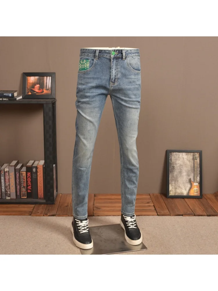 Retro Worn Jeans Men's Fashion Embroidered Printed Stretch Slim Straight High-End Fashion All-Matching Skinny Trousers