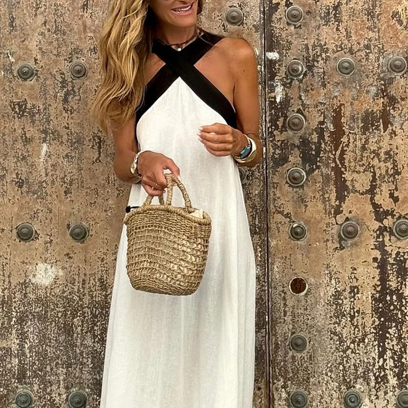 女性の夏の新ファッションピュアカラーハンギングネックストラップレスコットンリネンドレスノースリーブシンプルなデザインマキシドレス