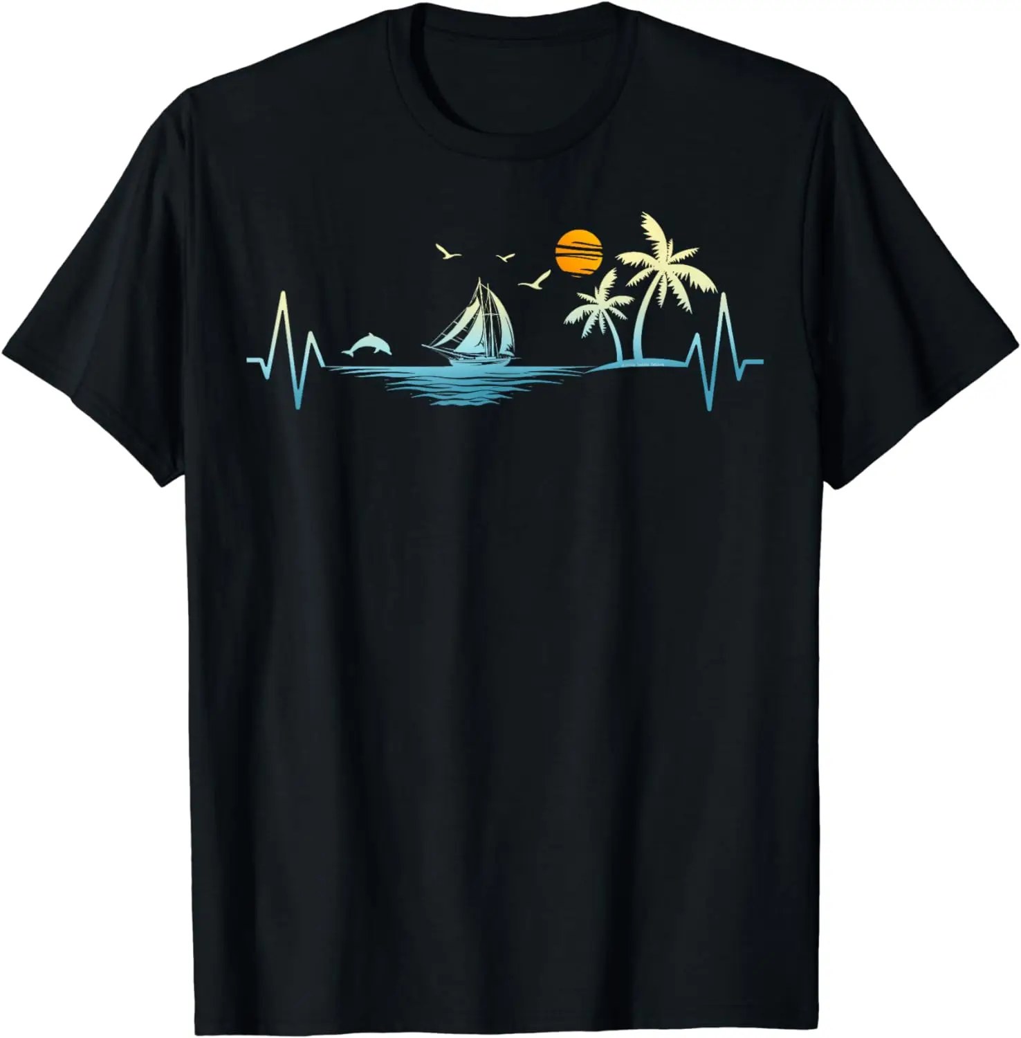 Heartbeat with Sailboat Tropical Palm Trees Beach Island T-Shirt Casual Holiday Clothes Women Clothing Tops  Ropa De Mujer