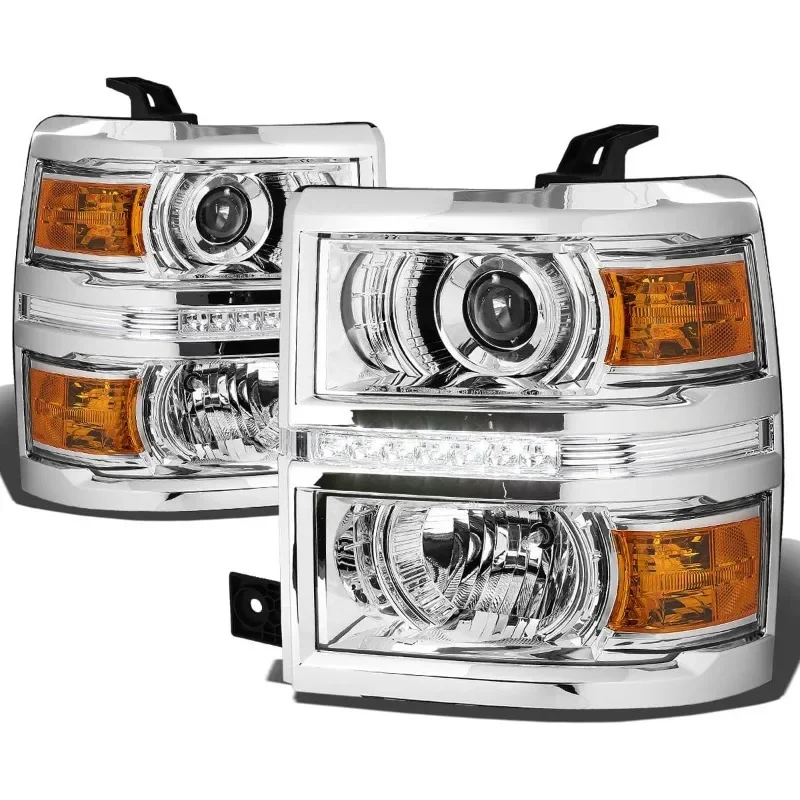 LED DRL Headlights   Driver and Passenger Side Halogen Headlamps Replacement w/Projector Low Beam, Chrome Housing Amber Corner