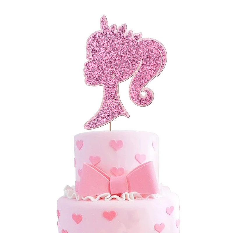 Glitter Hot Pink Girl Cake Topper For Barbie Set Glitter Doll Head Cupcake Toppers for Girls Women\'s Birthday Party Decorations