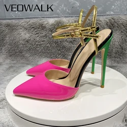 Veowalk-女性用の光沢のあるピンクのバックル,足首のバックル,閉じたつま先,スティレット,サンダル,8cm 10cm,12cm,セクシーなパンプス