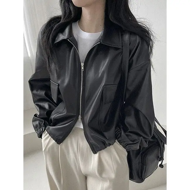 秋のヴィンテージ風スタイリッシュなラペルPUカジュアル長袖バイク用レザージャケット