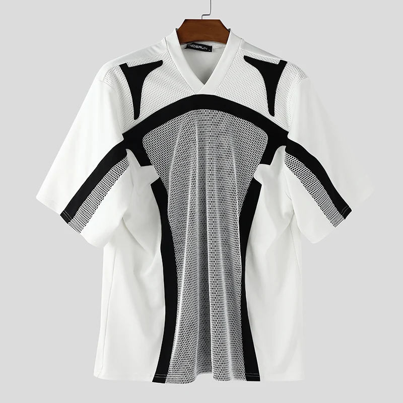 INCERUN الرجال تي شيرت المرقعة الخامس الرقبة قصيرة الأكمام عادية الذكور المحملة القمم الشارع الشهير فضفاض اللون كتلة موضة الرجال الملابس S-5XL #6