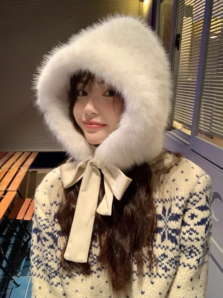 

Thiened Fluffy Winter Hat for Women with Rope Adjustable Large Circumference Warm Headscarf Cap Sweet Cute Sle Polyester ...