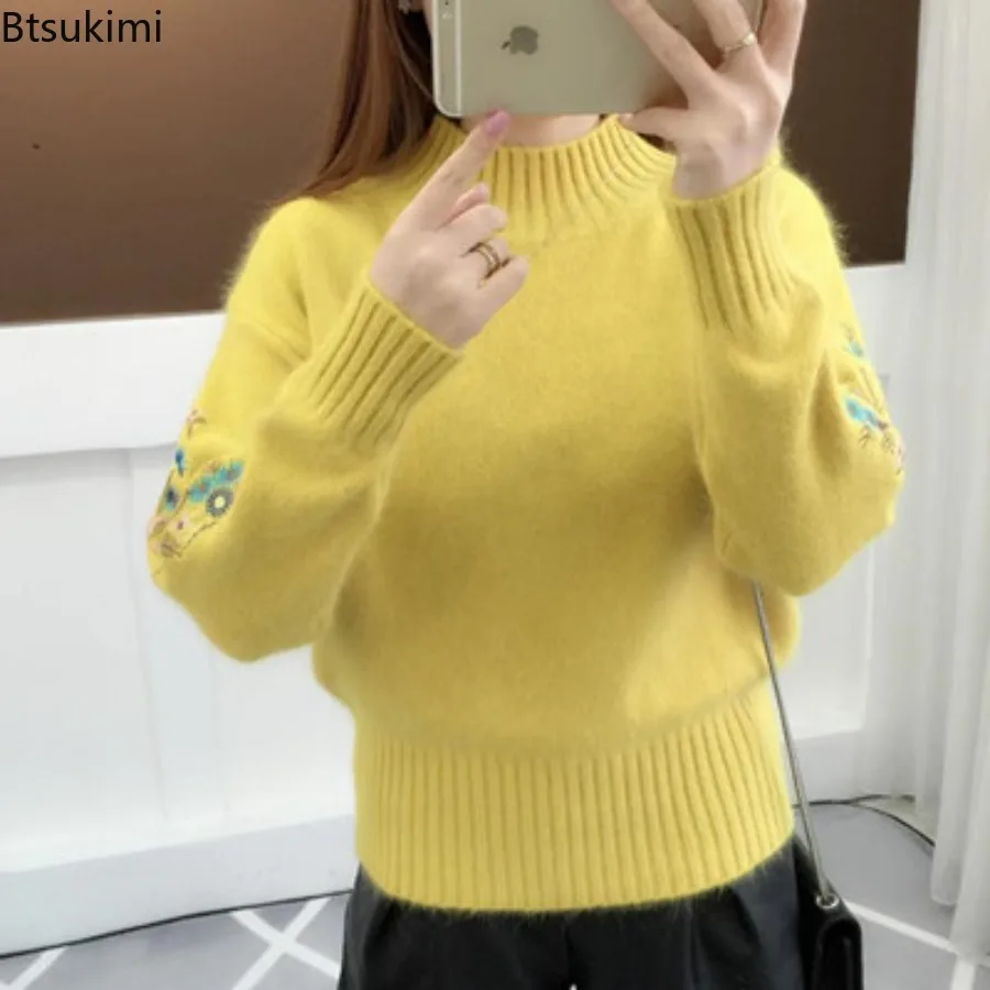 Damski sweter z haftowanymi rękawami na jesień i zimę, dzianinowy pulower z długimi rękawami, odzież damska, vintage, luźny sweter z półgolfem.