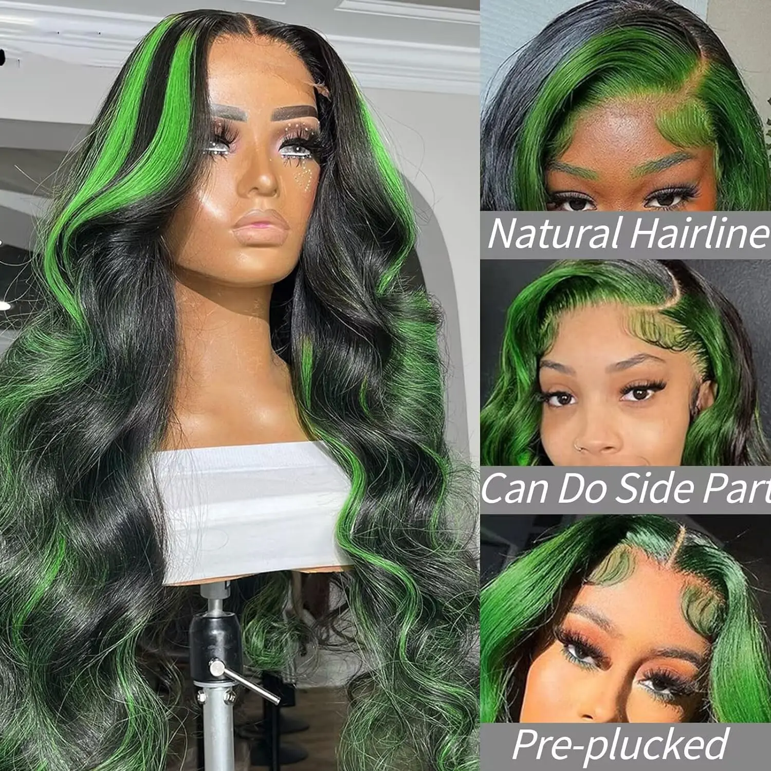 Green Highlight Wig 13X4 Synthetic Lace Front Wig For Women Body Wave Lace Wigs Green And Black Ombre Pre Plucked Lace Wig