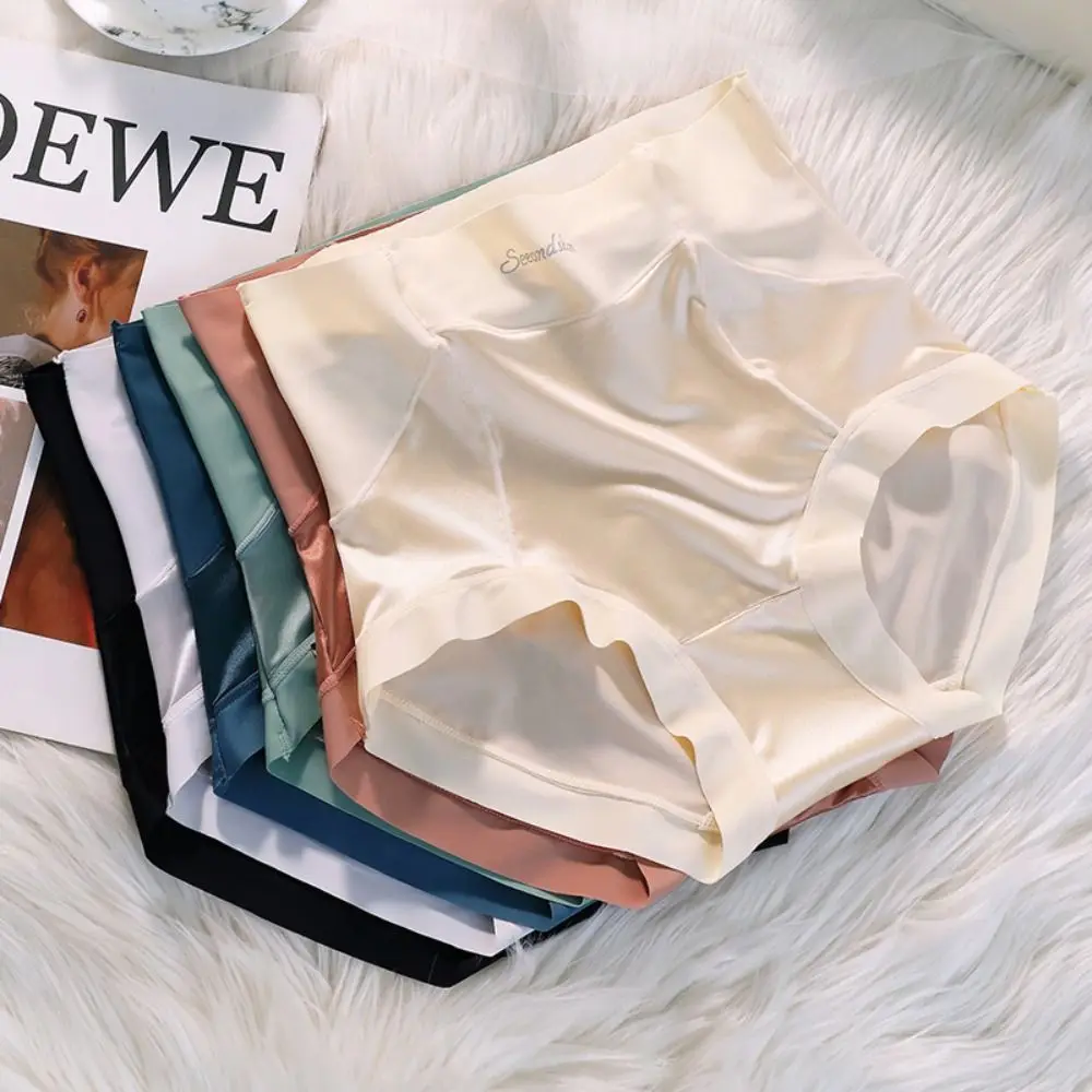 

Comfortable Retro Traceless High Waist Solid Color Lingeries Korean Underwear Satin Plus Size Briefs Women Panties