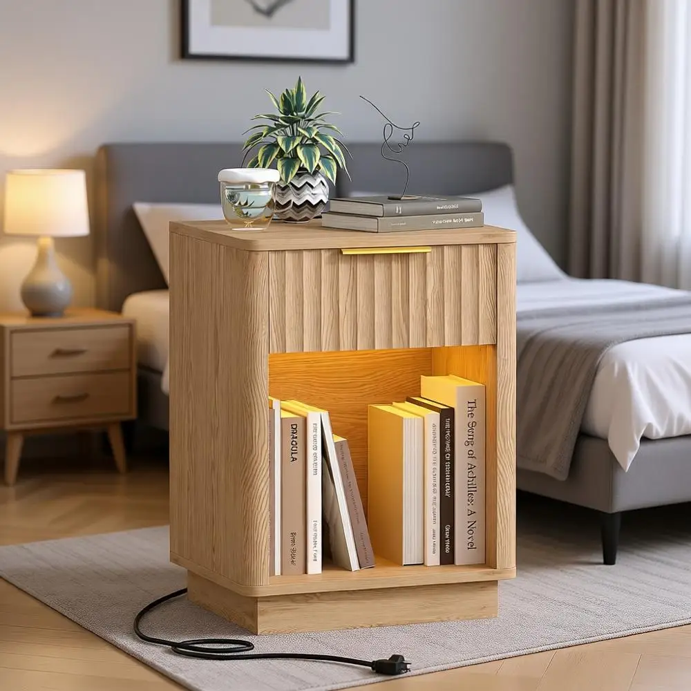 

Mid-Century Modern Nightstand with Charging Station, LED Light, 15D x 15.7W x 22.6H, Natural Oak Finish