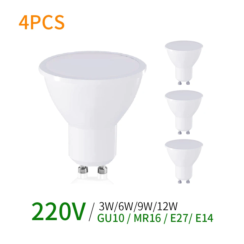 Bombilla LED GU10 MR16 E27 E14, foco de 220V, 3W, 6W, 9W, 12W, 2835SMD, 4 piezas