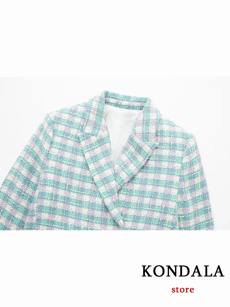 KONDALA Office Lady Blue Plaid Tweed Blazer Suits Women 2 Piece V Neck Long Sleeve Short Blazer+High Waist Shorts Skirts Sets