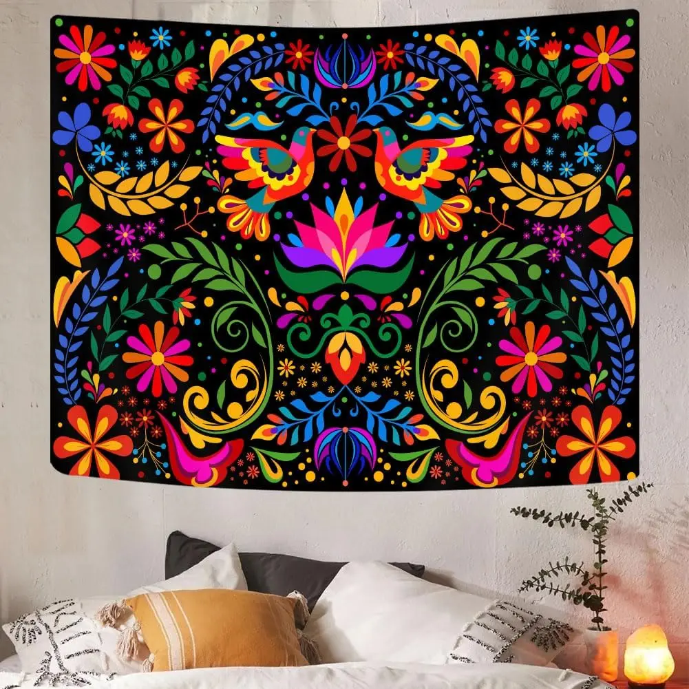 Mexico Floral Tapestry, Colorful Mexico Flowers Bird Traditional Aesthetic Hippie Tapestries, Mexican Ornate Ethnic Pastel Plant