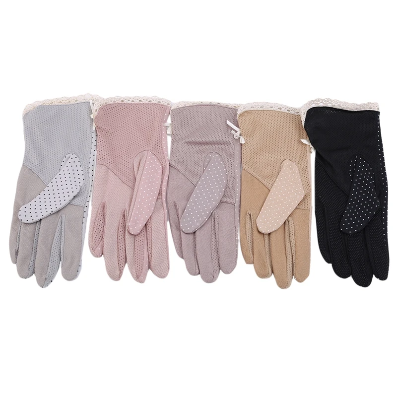 Women Sun Protection Fashion Wrist Gloves Driving UV Protection Non-Slip Gloves Polka Dot Cotton Lace Edge Touch Screen Ladies