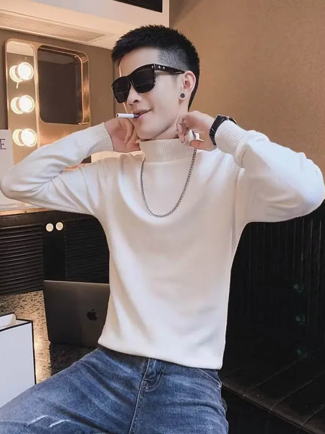 

Мужской вязаный свитер с высоким воротником из шерсти, мягкий, в американском стиле, для повседневной носки, приятный к телу, дышащий, однотонный