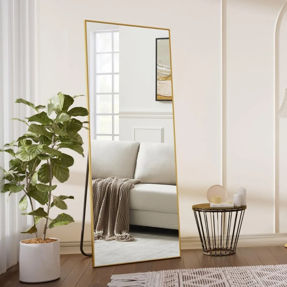 Miroir de sol pleine longueur avec support, miroir penché doré pour chambre à coucher, miroir horizontal sur pied ou suspendu