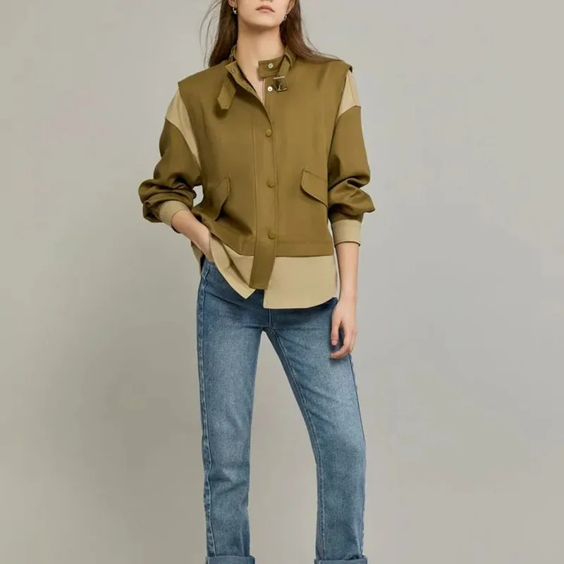 

New Fashion High-End Casual Single-Breasted Coat Female Top Spring Autumn Contrast Splicing Design Sense Short Women Jacket 2025