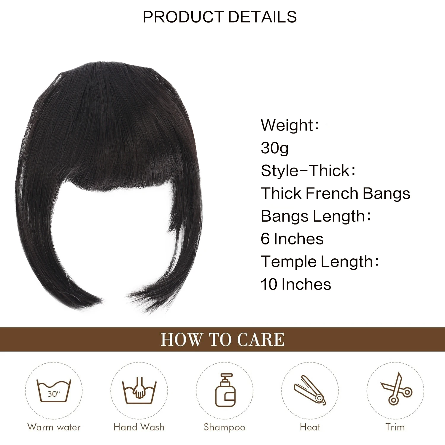 Natural Straight Synthetic Blunt Bangs High Temperature Fiber Brown Women Clip-In Full Bangs With Fringe Of Hair