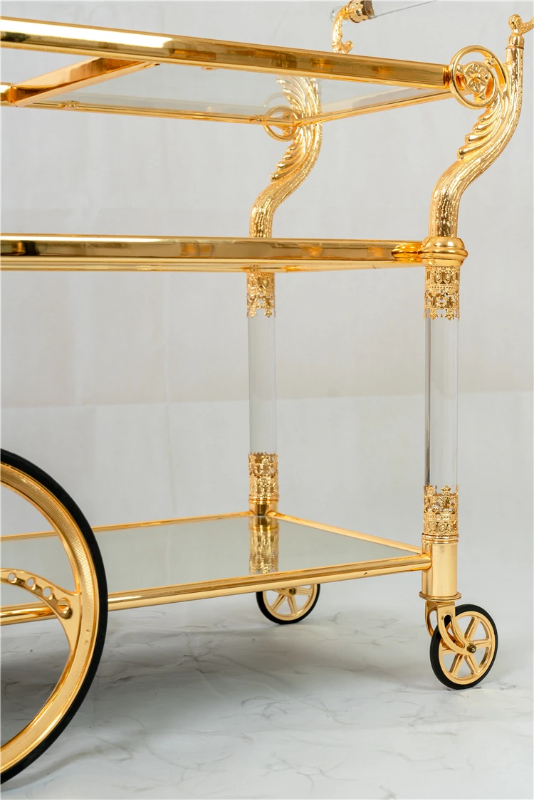 Medieval Vintage Dining Cart Hotel Bar Family Dining Service Cart Gold Copper Trolley