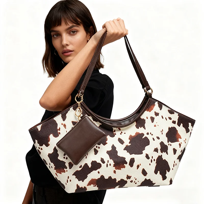 

Fashion Cow Print Tote Bag Large Capacity Casual Shoulder Bag With Small Pouch Stylish Daily Commute Shopping Handbag For Women