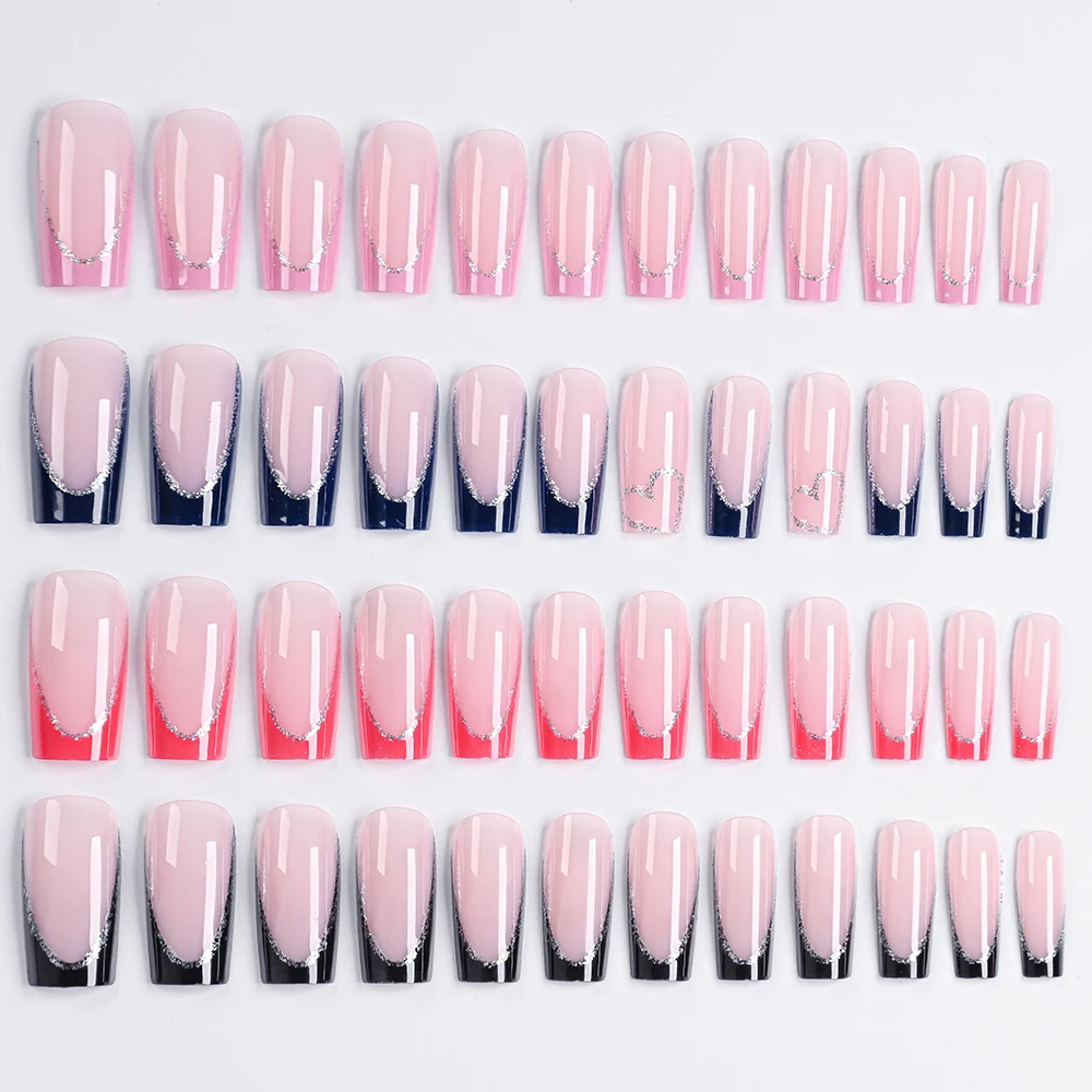 96 stks/doos Acryl Franse Kunstnagels Gemengde Grootte Lange Vierkante Glitter Curve Volledige Dekking Druk Op Nagel Tips Nagelverlenging Nep Tips