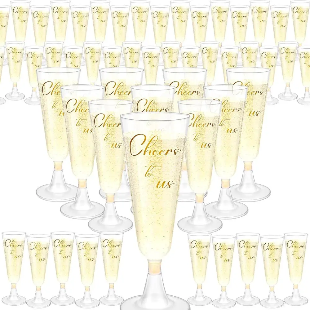 

100 Pack Disposable Champagne Flutes 4.05oz Plastic Toasting Glasses with Gold Cheers Print, Recyclable Clear Hard Wedding Cup f