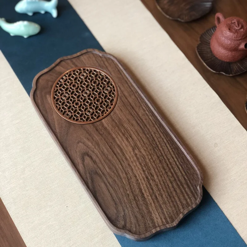 Black walnut solid wood dry tea tray new Chinese window openwork tea tray practical pot holder for small dry tea table at home