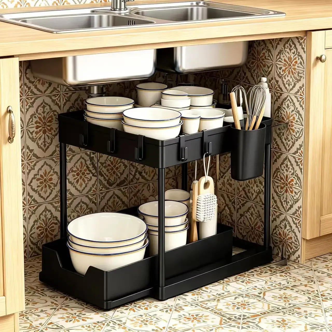 Under Sink Organizer 2/1 Pack, 2 Tier Pull Out Cabinet Storage Rack for Renters and Apartment Dwellers, H Shaped Design Fits Around Pipes Without Damaging Walls, Smooth Glide Shelf, No Tools Assembly, Removable Without Leaving Marks, Heavy Duty Metal
