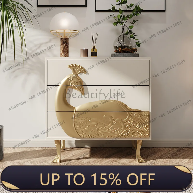 Hot American neoclassical solid wood carving peacock decorative cabinet light luxury porch drawer cabinet