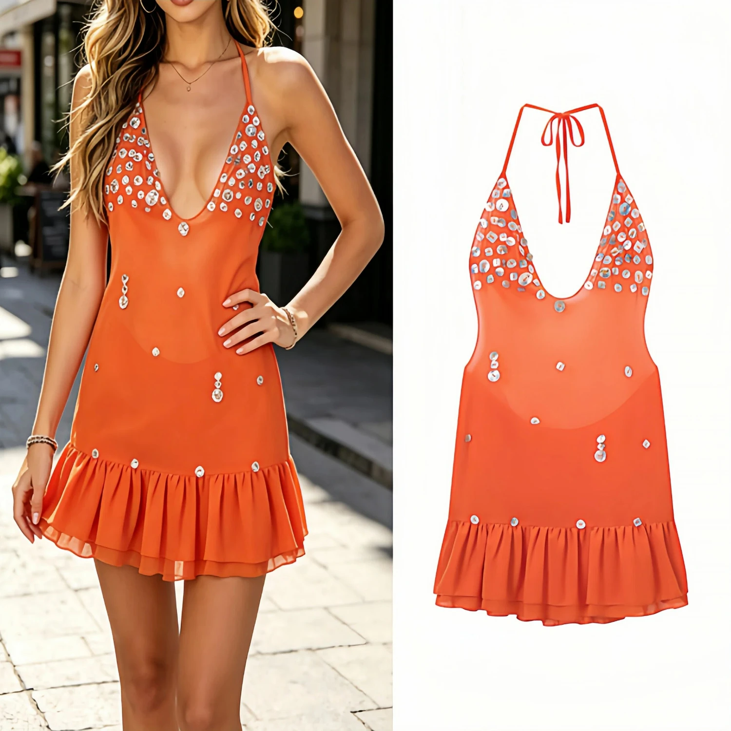 Sexy Rückenfreies Neckholder-Kleid für Damen mit Tiefem V-Ausschnitt und Rüschensaum, Maxi-Urlaubskleid für den Sommer 2026, Trendiges Fließendes Kleid
