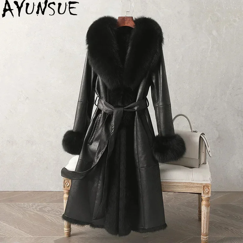 

Genuine AYUNSUE Rabbit Fur Jackets for Women 2024 Winter Real Coat Womens Luxury Fox Collar and Cuffs Jaqueta Feminina