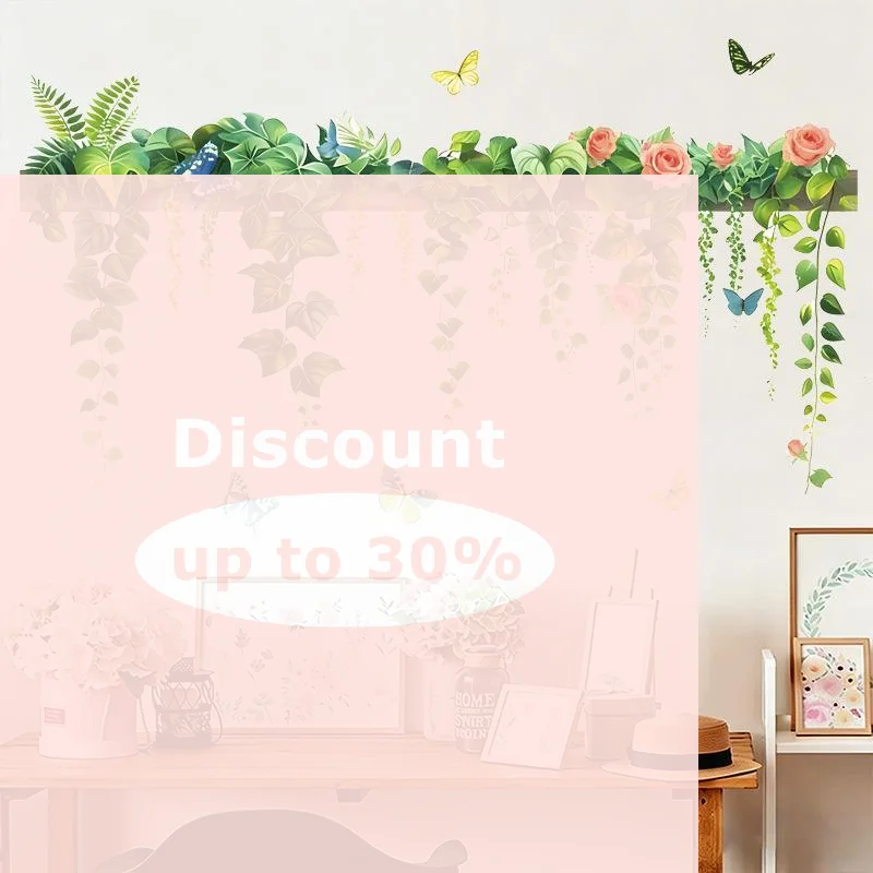 [Green Vine Wall Decals With Pink Roses Butterfly Removable Self Adhesive For Bedroom Living Room Decor]