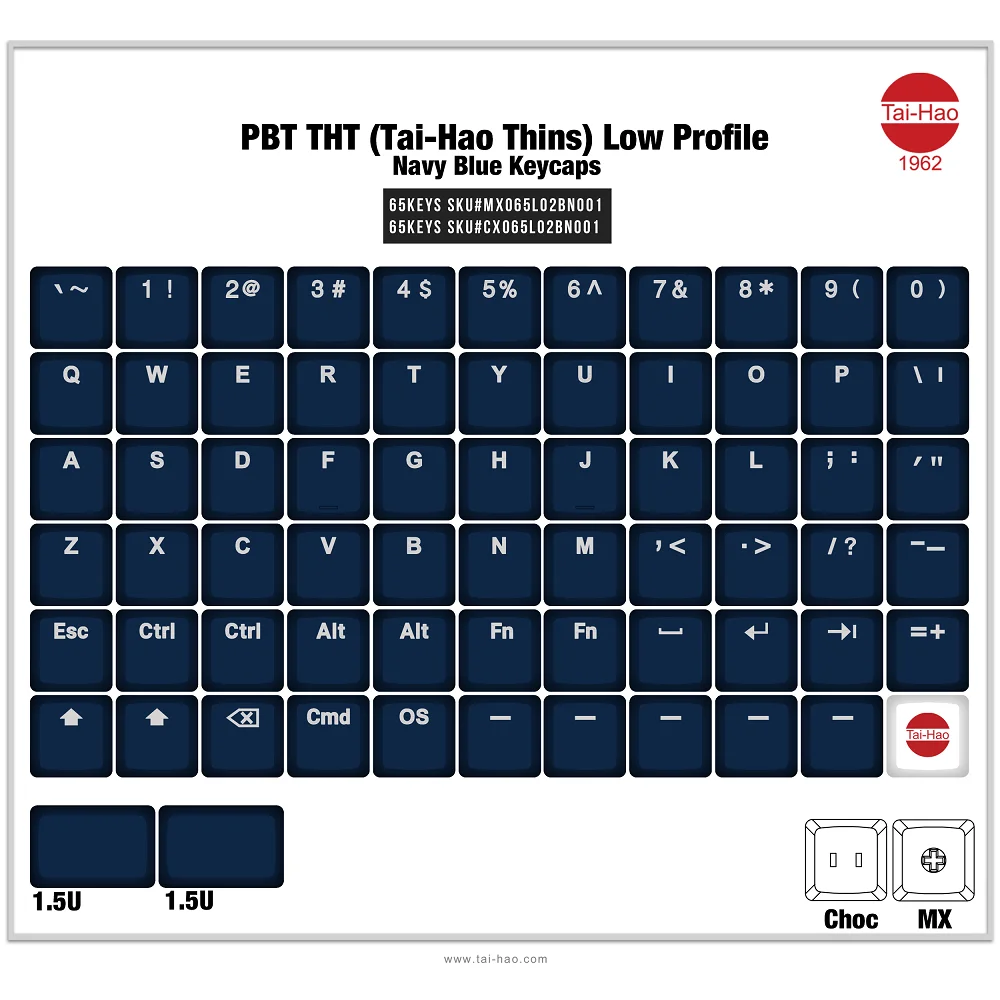 Taihao THT Navy Blue Keycap Thins Low Profile Keycaps For Gaming Mechanical Keyboard Kailh Choc 1350 or MX Switch Light Through