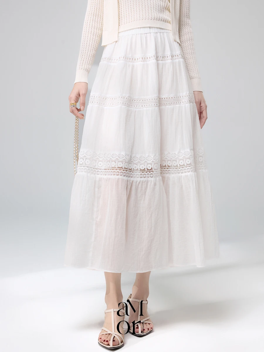 

Юбка А-силуэта миди белая с вышивкой в стиле Мадрас, с кружевными вставками, длинная, расклешенная, для повседневной носки, с высокой талией, кружевная, для офиса, многослойная