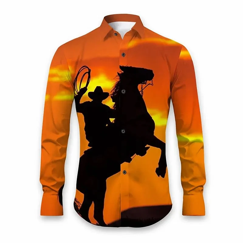 

Cowboy Retro Style Horse Pattern men's Shirt Street Casual Daily Autumn And Winter Long Sleeve Shirt Fashion Printed men's Top