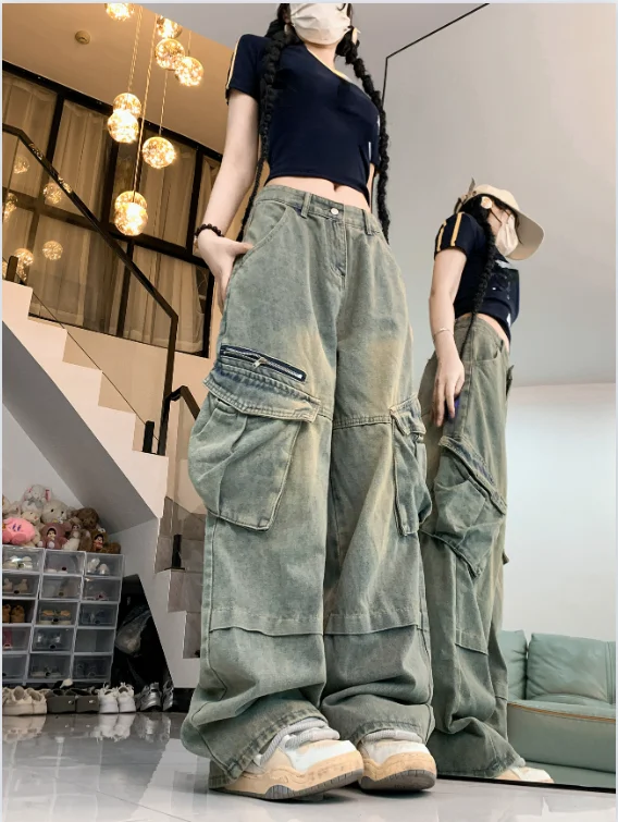 

European American Style Cargo Pants Women Vintage Blue All-match Y2K Jeans High Waist Summer New Popular Pants for Women