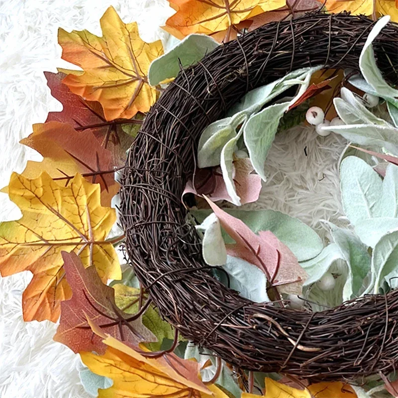 Thanksgiving Artificial Fall Maple Leaf and Pumpkin Wreath for Front Door Home Farmhouse Decor Harvest Festival Hanging Garland