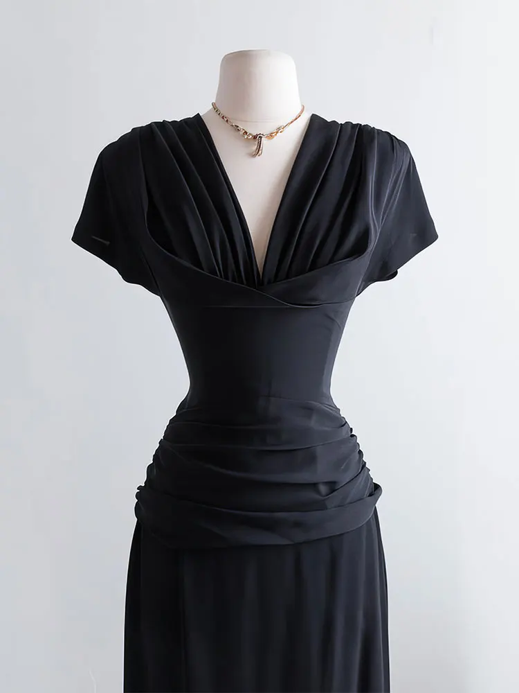 

Original Bla V-Ne Dr Design Sensation Hepburn Sle Summer Women's Slimming Long Dr Korean Version Polyester Fiber