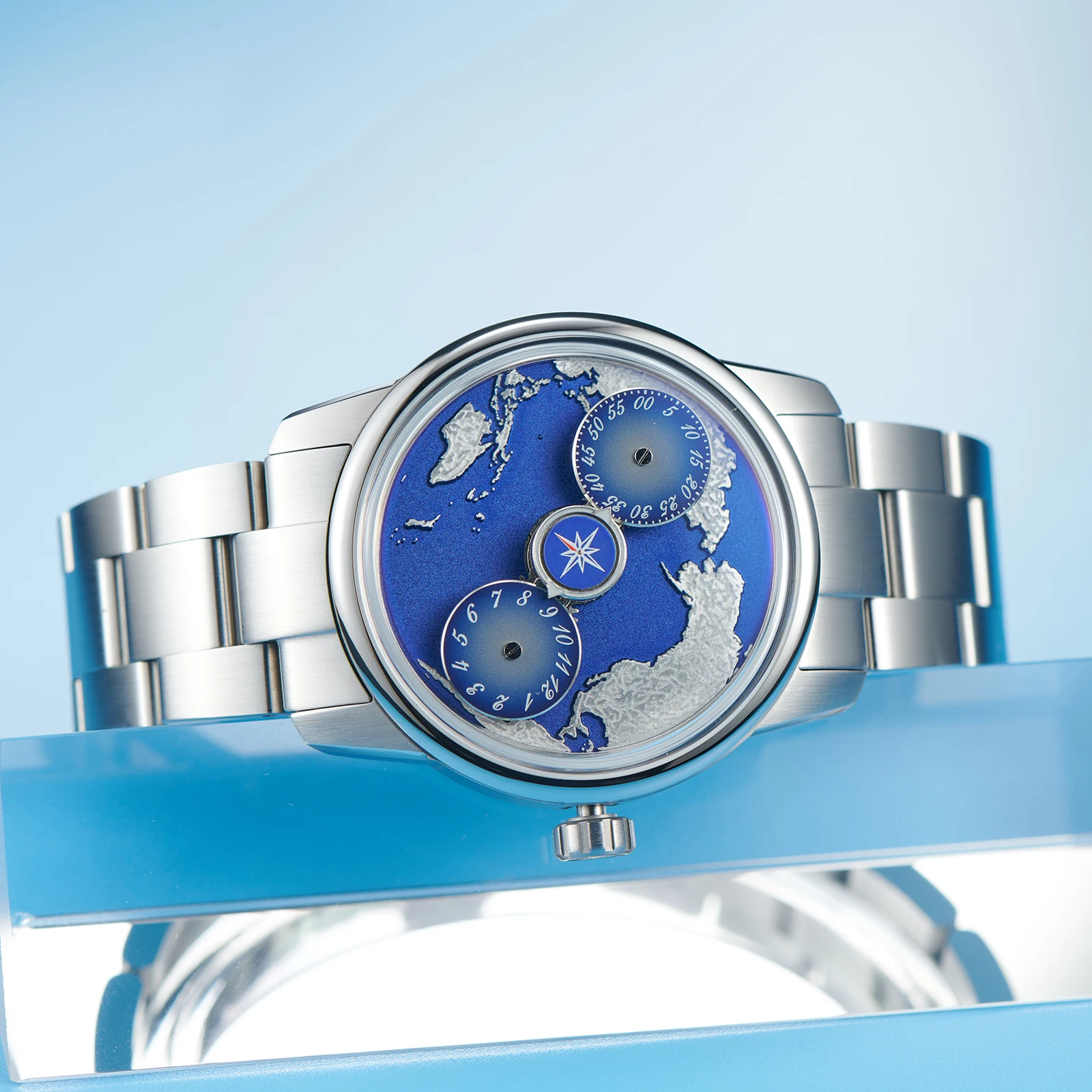 OBLVLO Fashion Stainless Steel Earth DIal Automatic Watch Blue Luminous Waterproof Mechanical Watches For Business Men JM-EARTH