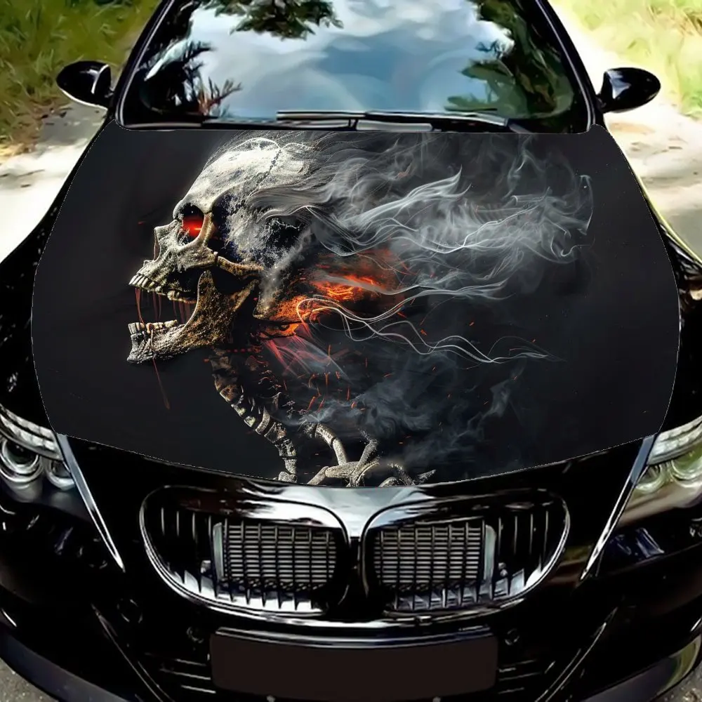 

Smoky Skull Art Car Vinyl Wrap, PVC Waterproof Car Hood Sticker, Self-Adhesive Scratch-Resistant Stickers for Engine Cover, Cust