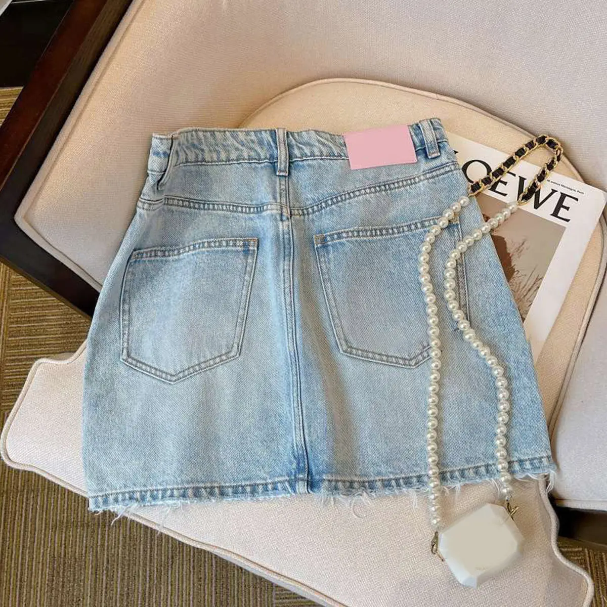 High-grade Nail Bead Hot Drilling High-waisted Denim Short Skirt Female Summer Thin Anti-exposure Hip A-shaped Skirt