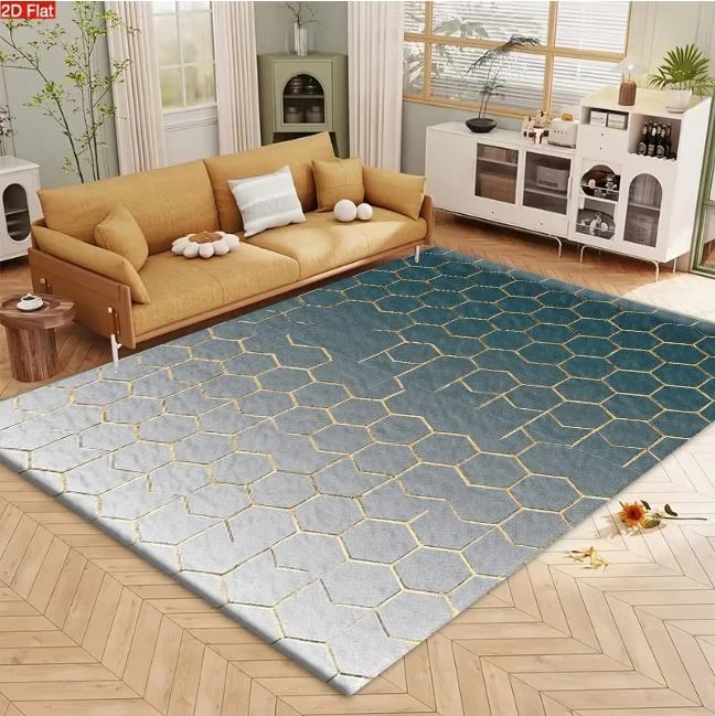 Teal Gray Hexagon Honeycomb Gold-Lined Tile carpet flooring, Modern Geometric Mosaic Texture Print Area Rug for Living Room Bedroom Home Interior