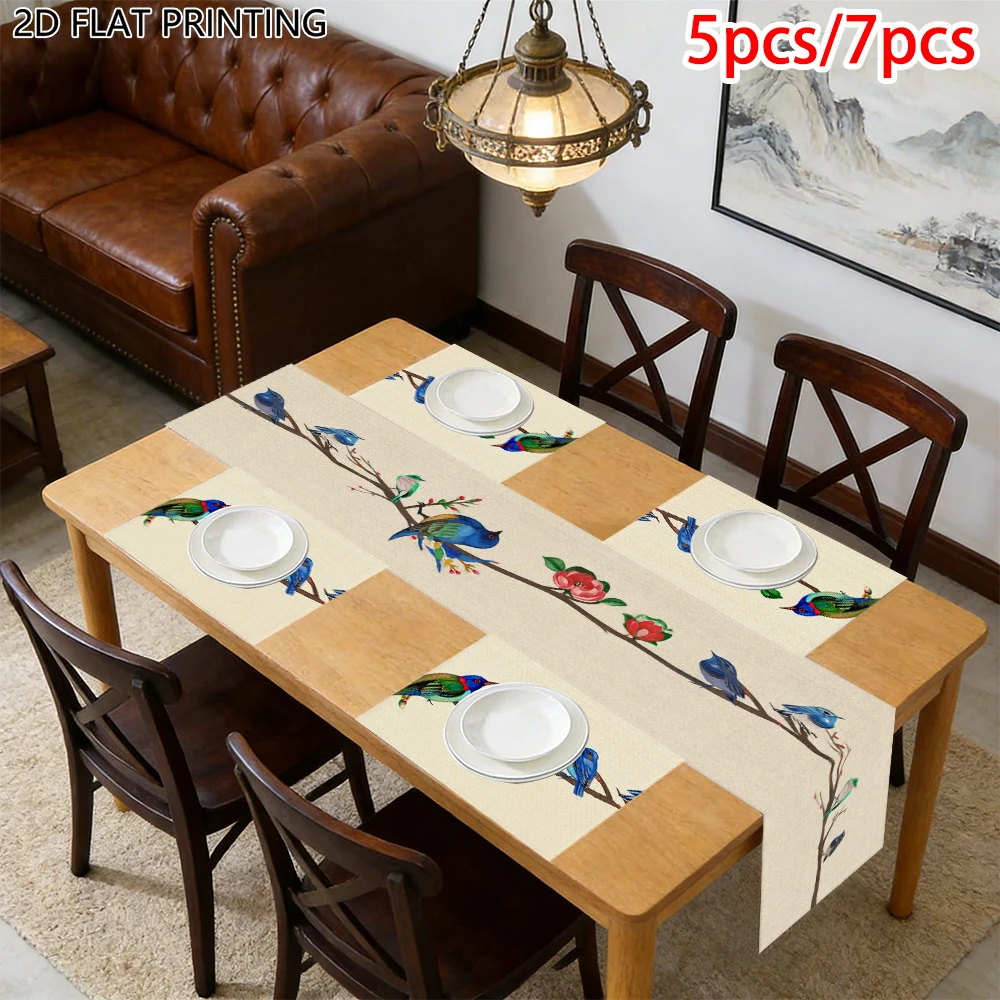 1pc Spring Theme Bird And Red Blossom Table Runner And Placemat For Farmhouse Tea Party Daily Decor For Nature Lovers