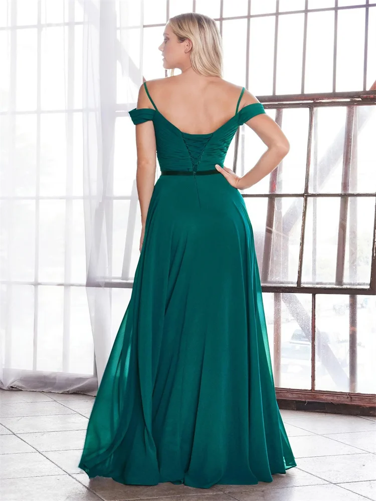 Hot Selling Off Shoulder V Neckline Chiffon Bridesmaid Dress Elegant Open Back Zipper Sweep Train Gowns For Wedding Guests 2024