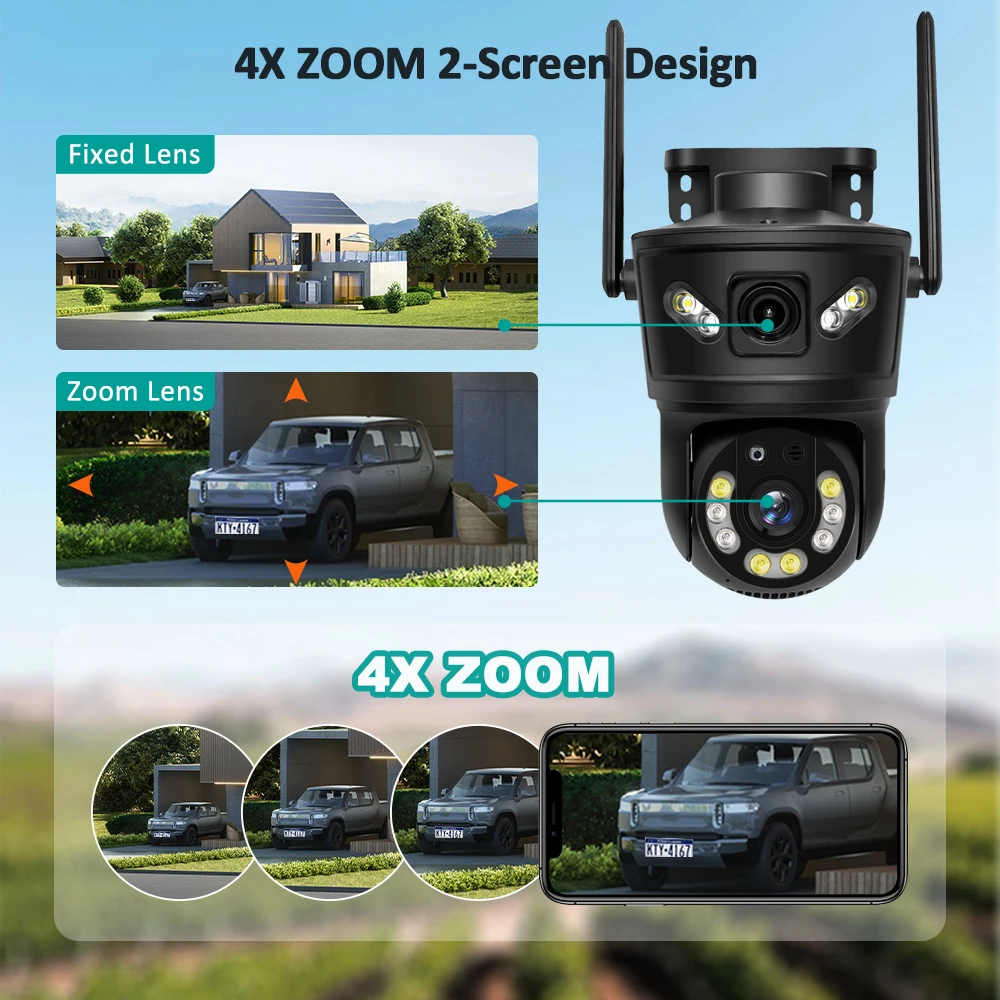 4K 8MP واي فاي كاميرا IP عدسة مزدوجة شاشة مزدوجة 4X التكبير PTZ كاميرا الأمن تتبع السيارات الذكية اللاسلكية CCTV مراقبة الفيديو #4