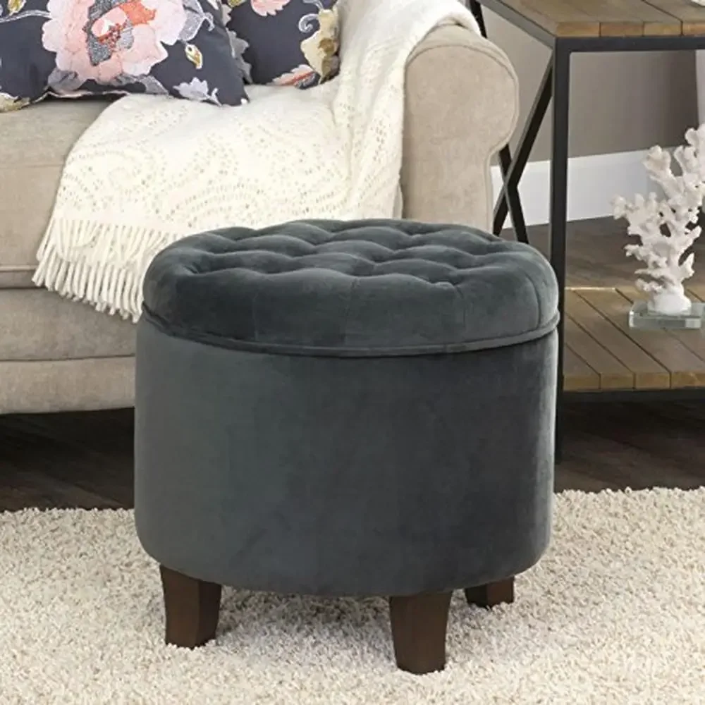 Velvet Tufted Round Ottoman with Storage Stylish Foot Rest Stool Living Room & Bedroom Decor Durable Fabric Wood Legs Easy