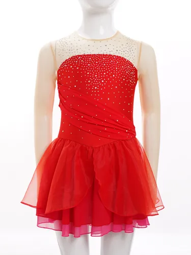 Imagen 2 del producto Vestido de patinaje sobre hielo para niños y niñas, traje de baile de Ballet de salón de manga larga con diamantes de imitación brillantes, ropa de actuación