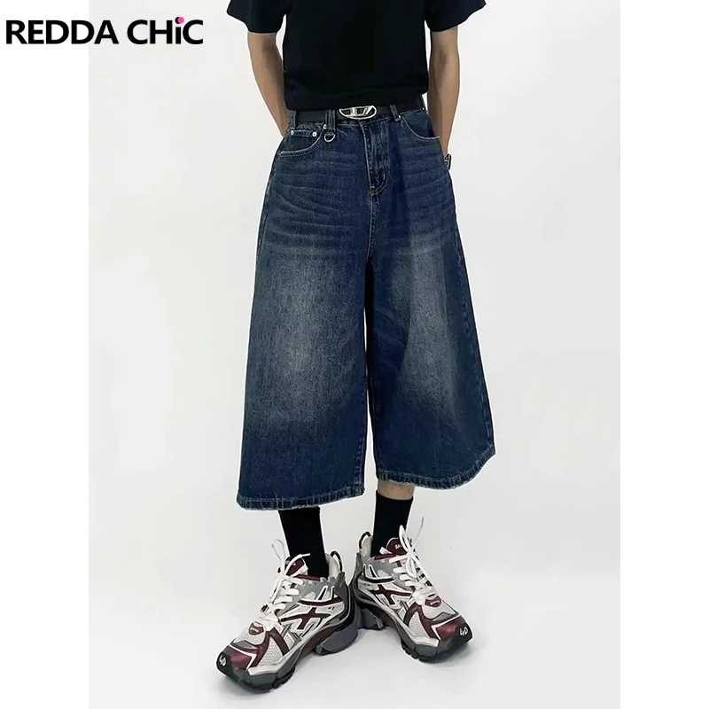 REDDACHiC Pantalones Bermuda de Pierna Ancha para Hombre, Estilo Skater Casual, con Efecto Desgastado, Pierna Recta, Cintura Baja, Shorts de Mezclilla Capri, Estilo Vintage Urbano