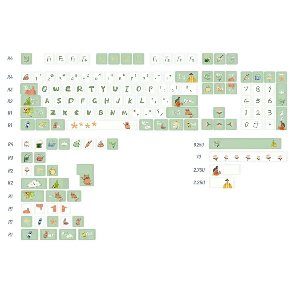 PBT Keycap Green Spring Sketch Style KCA Profile DYE Subbed 140 Keys ISO Enter For MX Switches Mechanical Gaming Keyboard