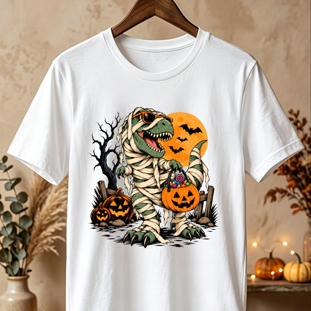 Mummy Dinosaur Halloween Pumpkin Graphic Women Cotton T-Shirt Short Sleeve Tee Tops Spooky Season Party Streetwear Y2k Top