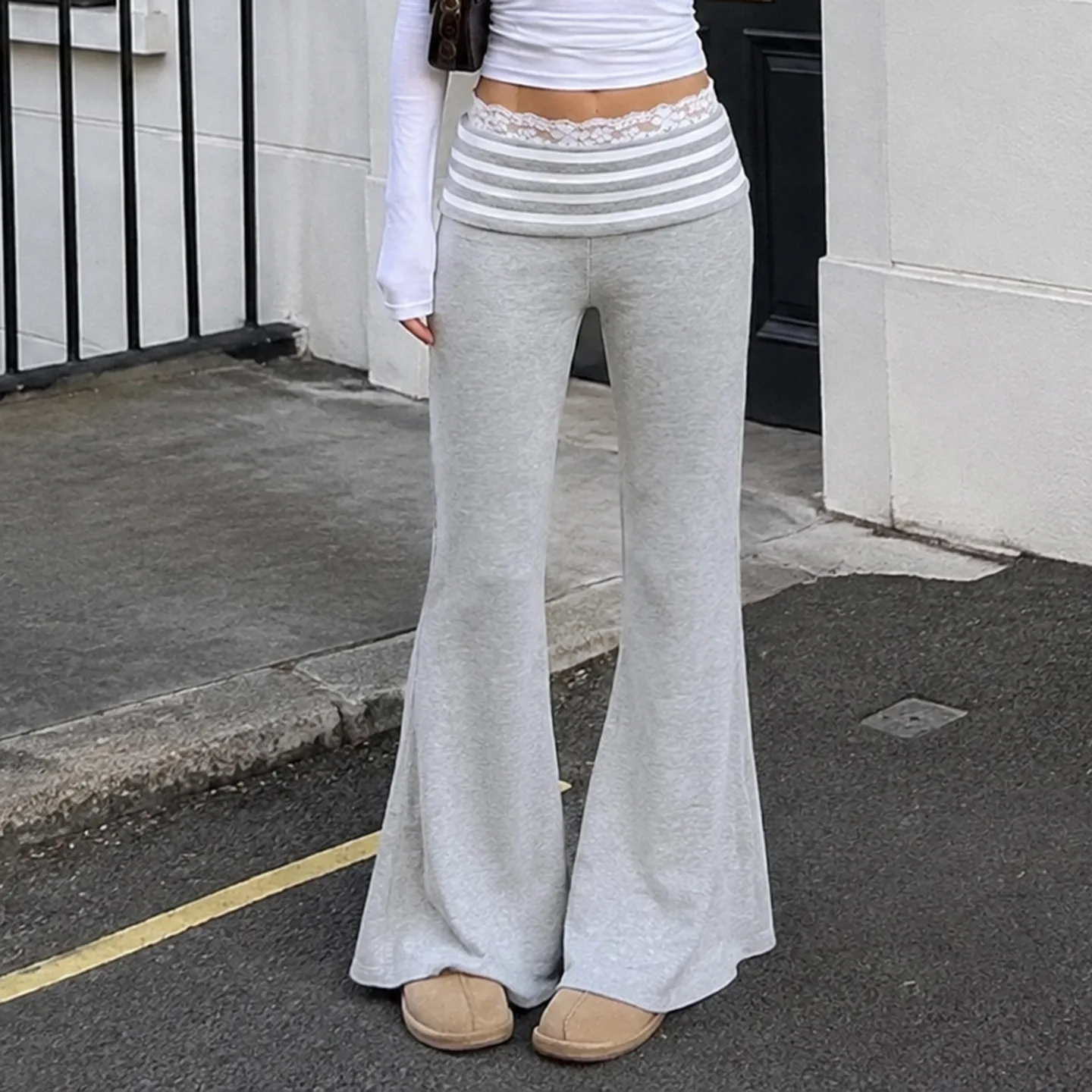 Striped contrast lace patchwork straight-fit slim-fit casual pants fashionable versatile slightly flared legs Daily High Street